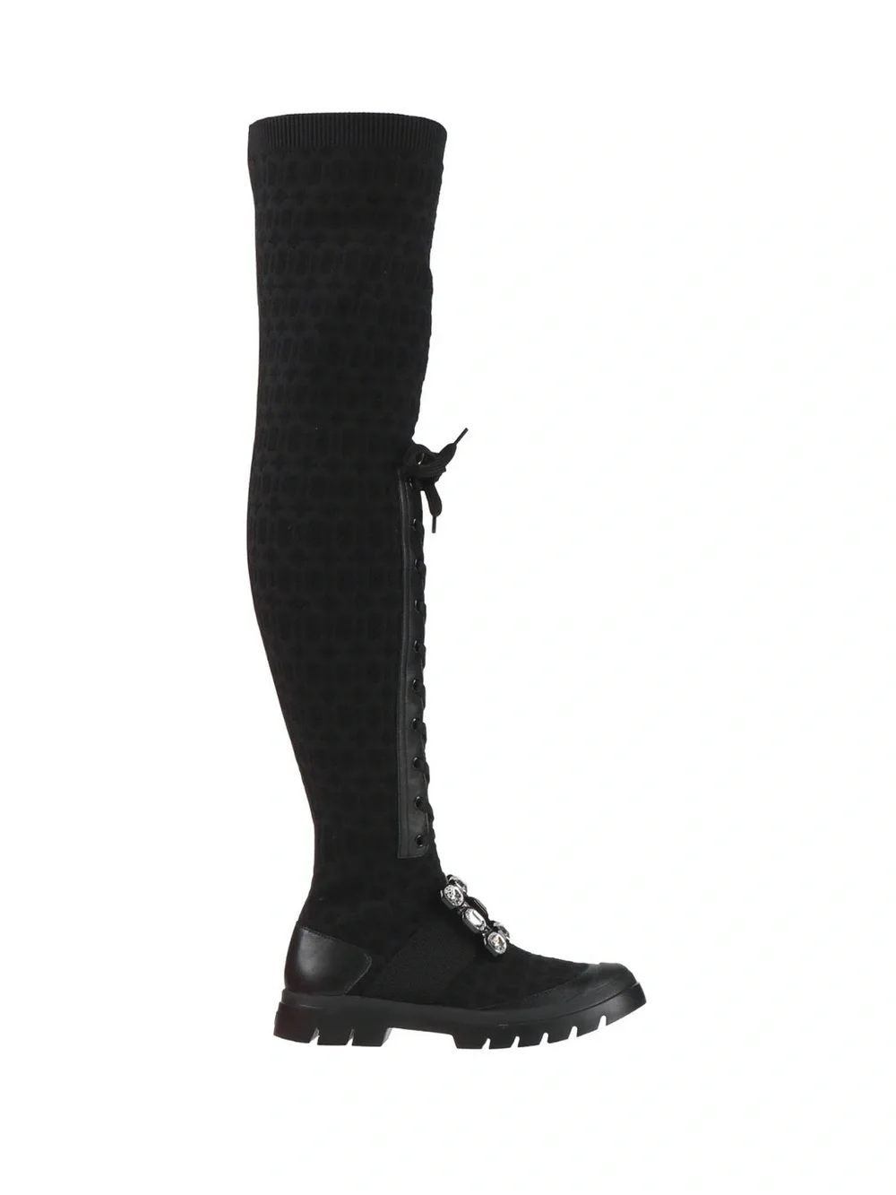 Roger Vivier Black Over-the-Knee Lace-Up Boot with Crystal Buckle